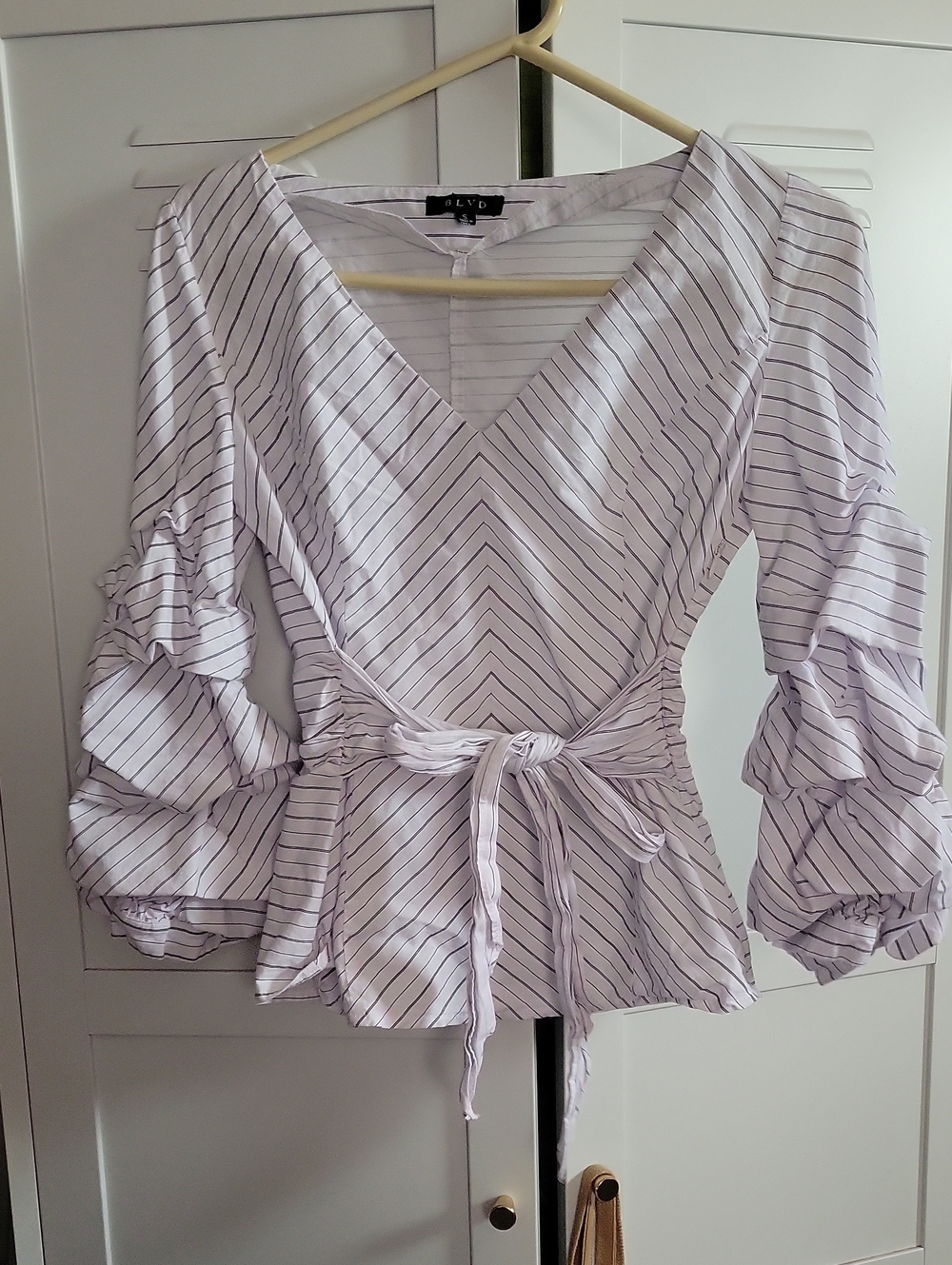 BLVD White and Black Striped Ruffle Tie-Waist Blouse
